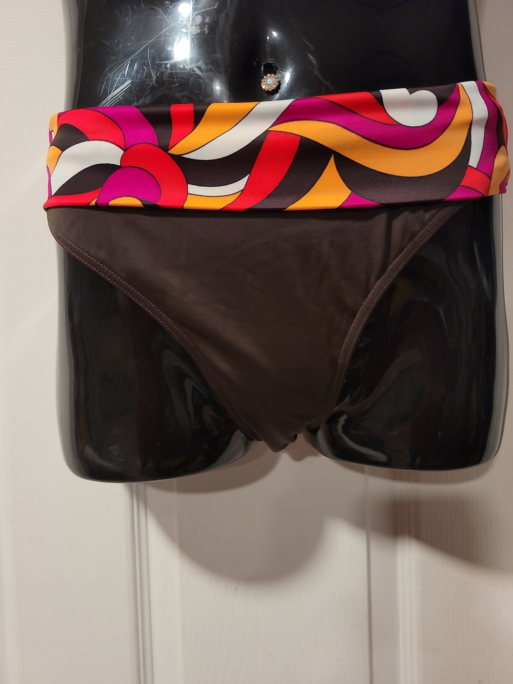 Freya Chocolate Bandeau Bikini Bottoms with Retro Pink-Orange Accent - Picture 2 of 4